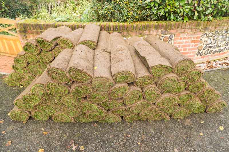 A stack of fresh-cut Bahia sod being delivered to a customer's home or job site. Buy Bahia sod online and have it delivered right to your door.