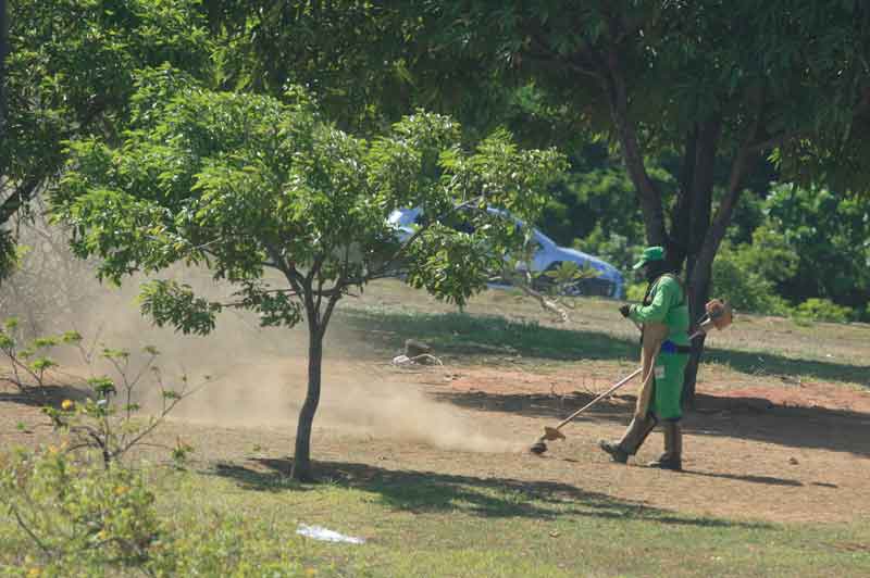 A person mowing a healthy, green lawn of Bahia grass. Buy Bahia sod for a low-maintenance lawn that looks great all year round